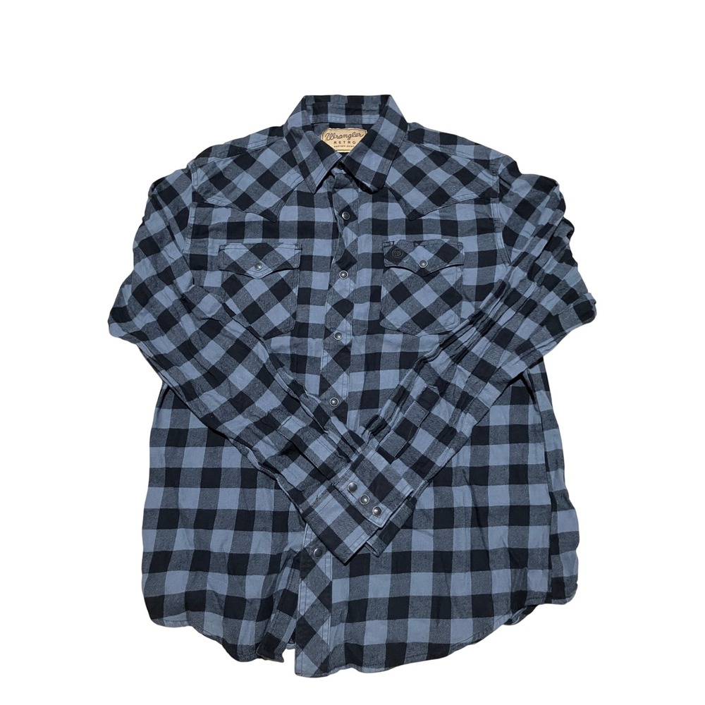 Wrangler Retro Western Shirt Mens Large Grey Black Buffalo Plaid Pearl Snap L